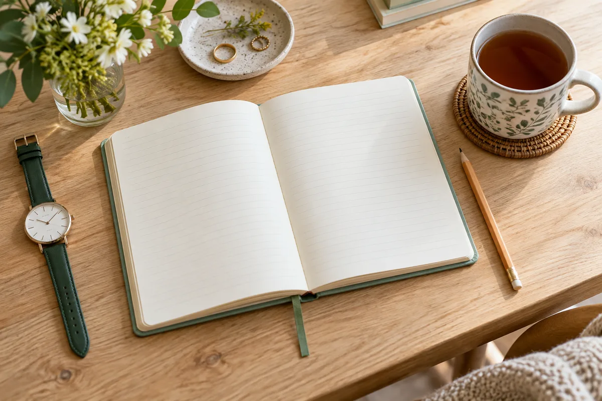 A daily notebook, tea and pencil for recording routines