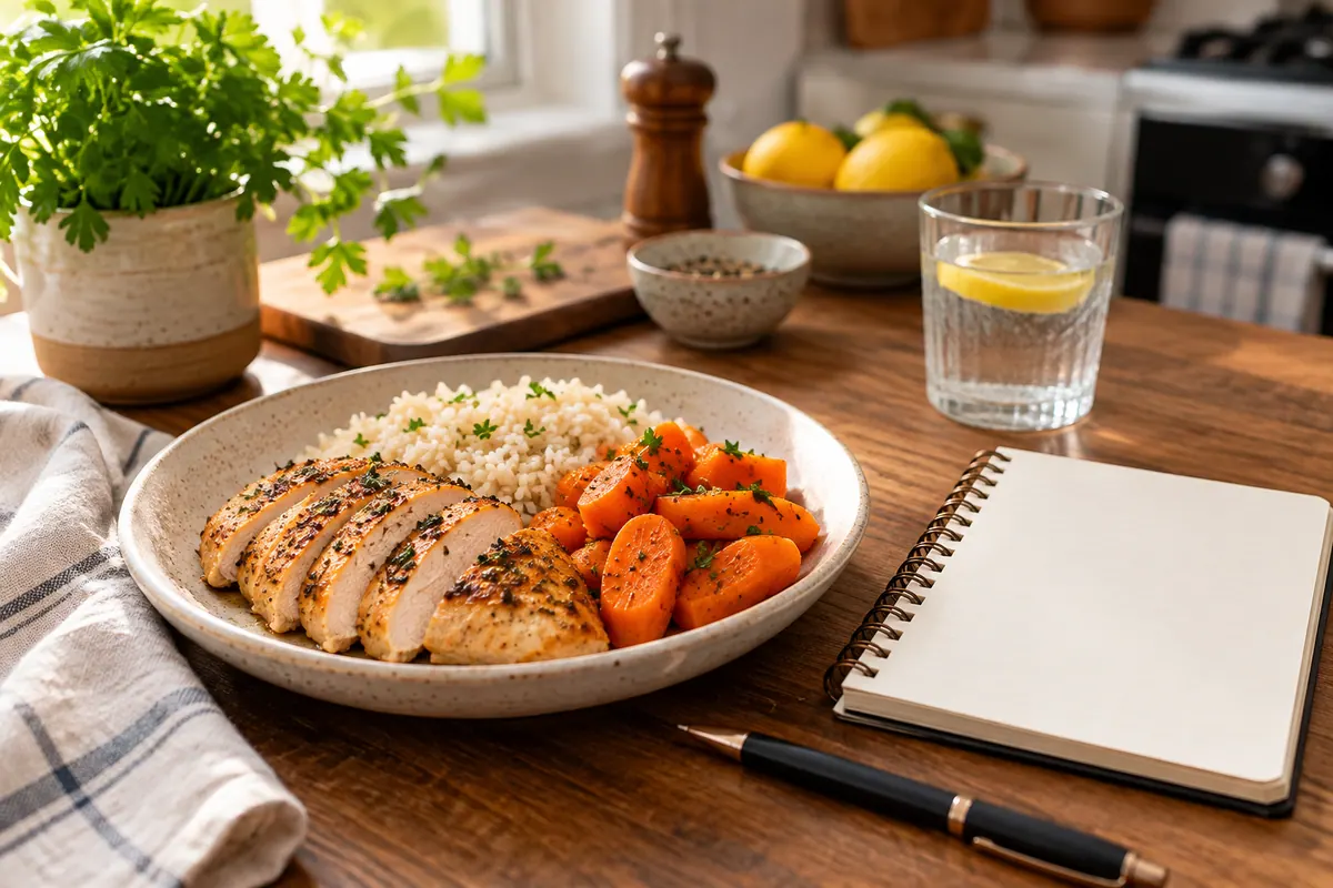 Illustrative simple meal and blank food journal; not a universally safe meal